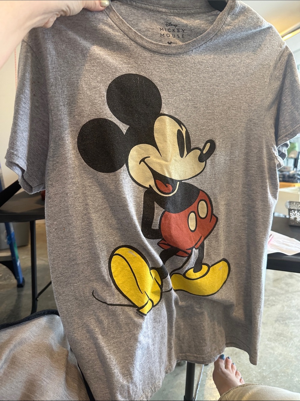 Disney Gray Mickey Mouse Short Sleeve Tee with Red, Yellow & Black Graphic